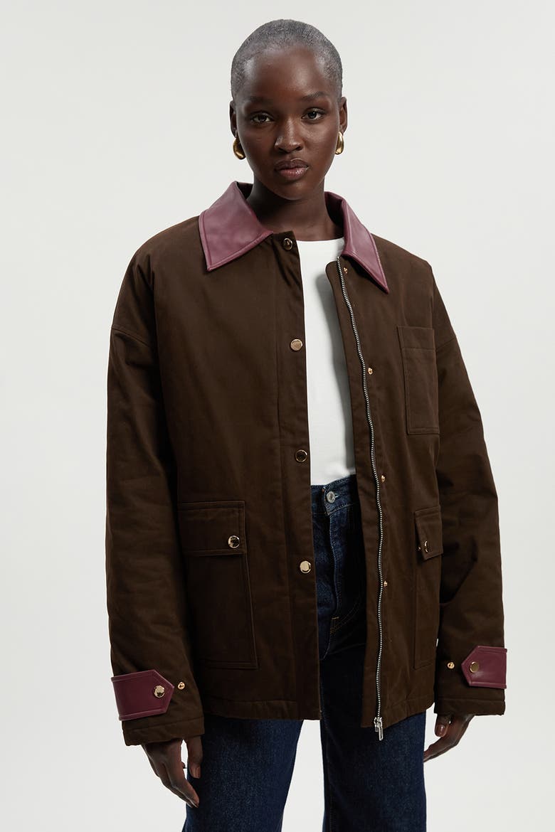 Quilted Contrast Collar Barn Jacket, Main, color, Chocolate