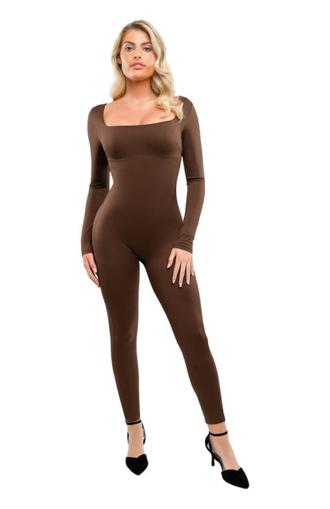 Shapewear Square Neck Long Sleeve Butt Lift Jumpsuit