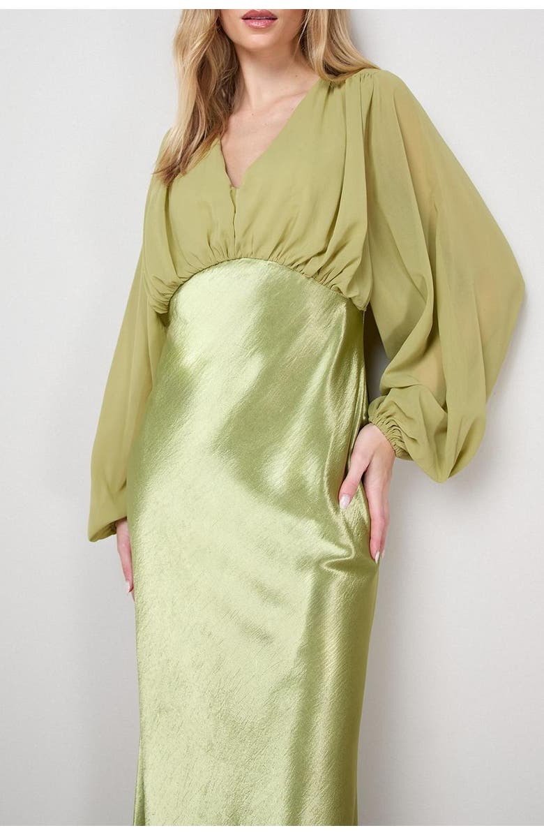 Oasis Satin Chiffon Mix V Neck Midaxi Dress, Alternate, color, Olive
