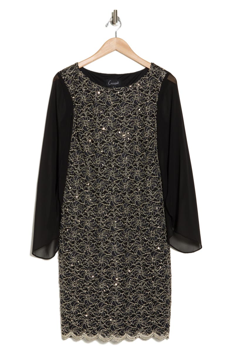 Connected Apparel Cape Sleeve Lace Shift Dress, Alternate, color, Gold