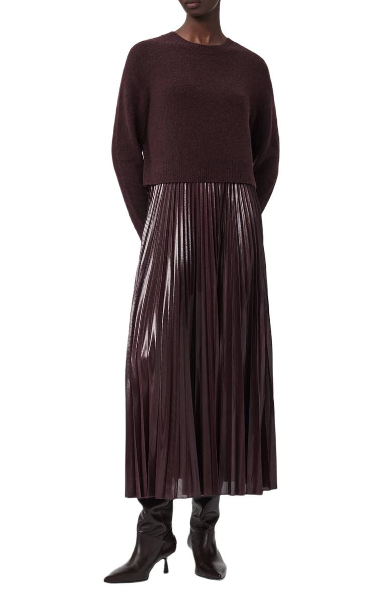 AllSaints Spark Pleated Maxi Dress & Merino Wool Blend Sweater Set, Main, color, Oxblood Red