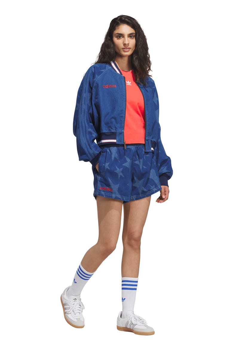 The Denim Star Graphic Cotton Varsity Shorts, Alternate, color, MEDIUM BLUE DENIM