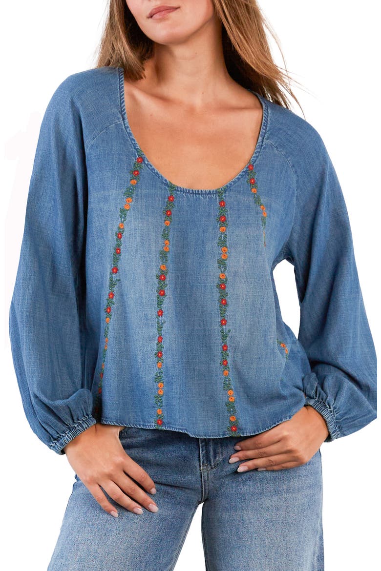 Floral Wallpaper Embroidered Top, Main, color, DENIM
