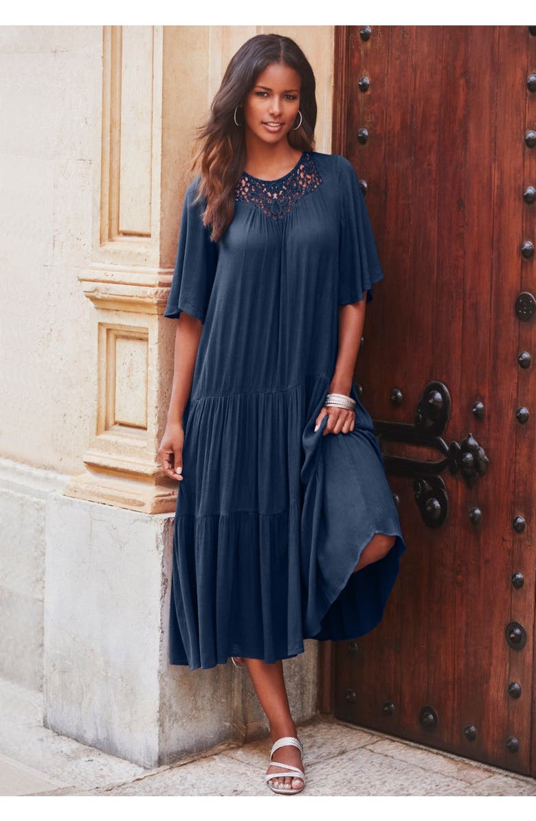 Roaman's Hand-Crinkled Crochet Neck Dress, Alternate, color, Black