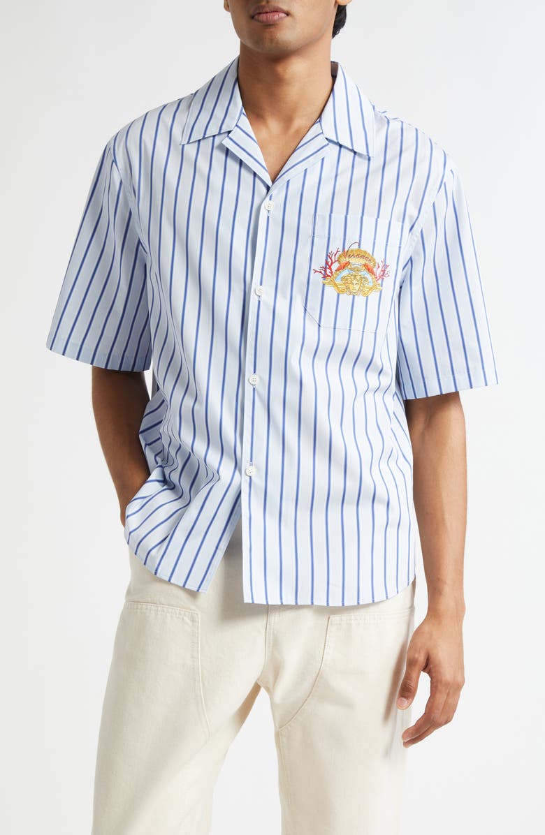Versace Dive in Crest Cotton Poplin Camp Shirt, Main, color, Blue Stripes Multi