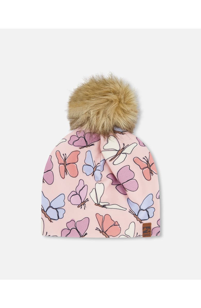 Deux par Deux Stretch Jersey Hat Printed Butterflies with Pompom, Main, color, Pink Printed Butterflies
