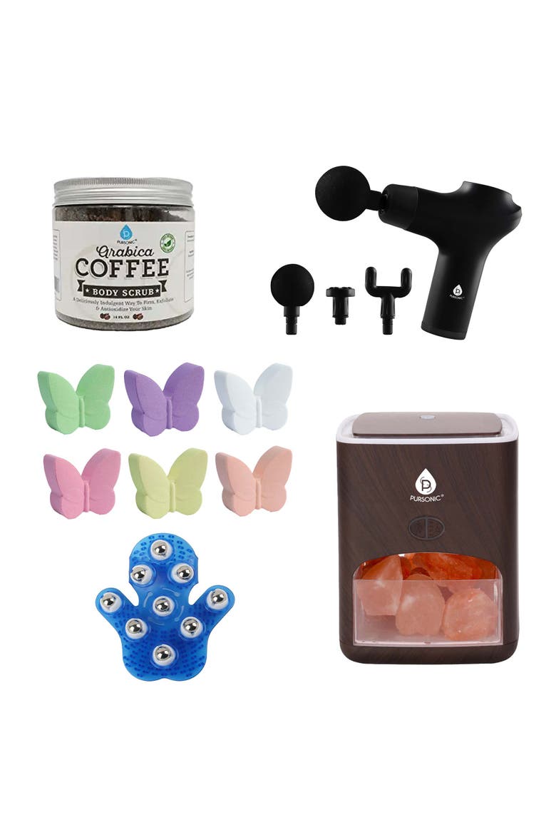 At-Home Spa Essentials Coffee Scrub, Himalayan Salt Lamp Diffuser, Massage Gun, Bath Bombs, & More, Main, color, Multicolor