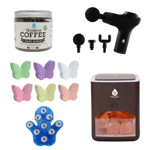 At-Home Spa Essentials Coffee Scrub, Himalayan Salt Lamp Diffuser, Massage Gun, Bath Bombs, & More