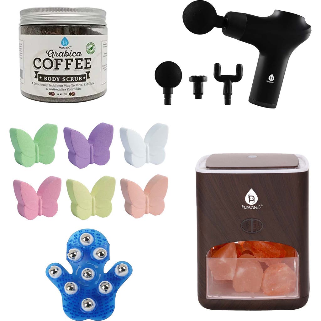 Pursonic At-home Spa Essentials Coffee Scrub, Himalayan Salt Lamp Diffuser, Massage Gun, Bath Bombs, In Multicolor