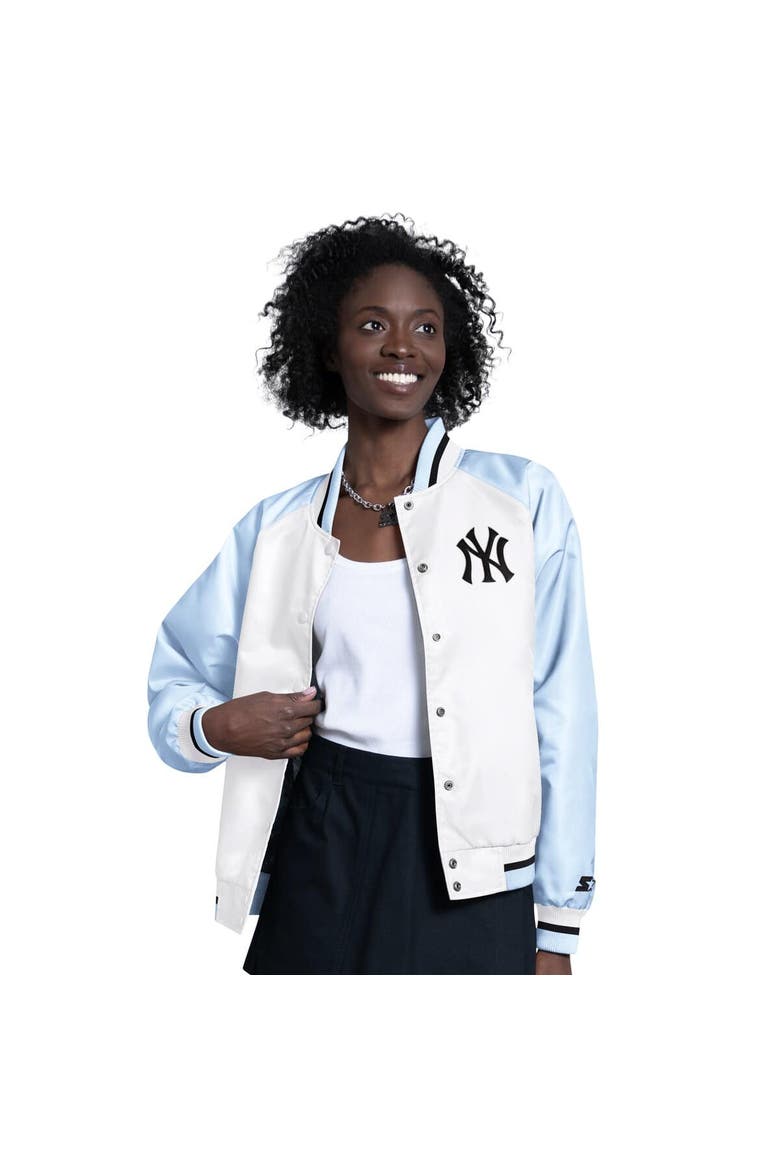Women's Starter Light Blue/White New York Yankees Blitz Varsity Raglan Full-Snap Satin Jacket, Main, color, Light Blue
