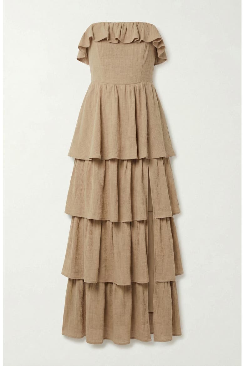 Strapless Tiered Ruffle Maxi Dress with High Slit, Alternate, color, Beige