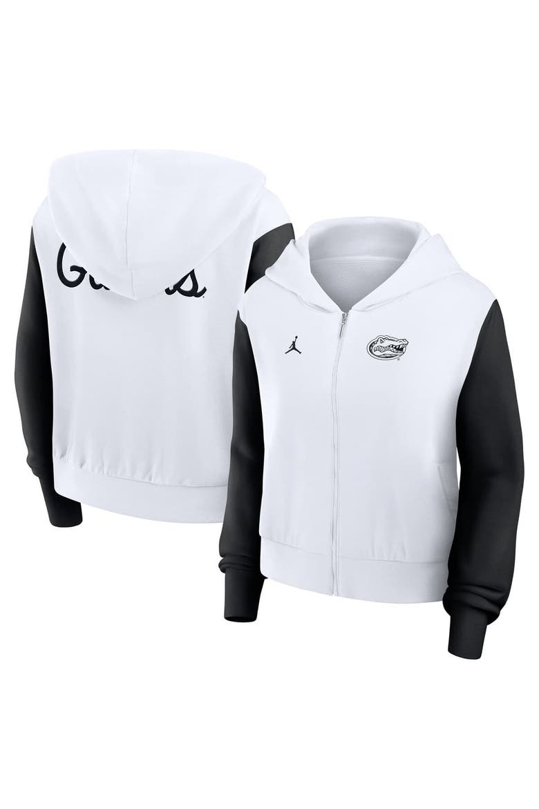 Women's Jordan Brand White Florida Gators Cropped Athletic Prep Color Block Script Full-Zip Hoodie, Main, color, White
