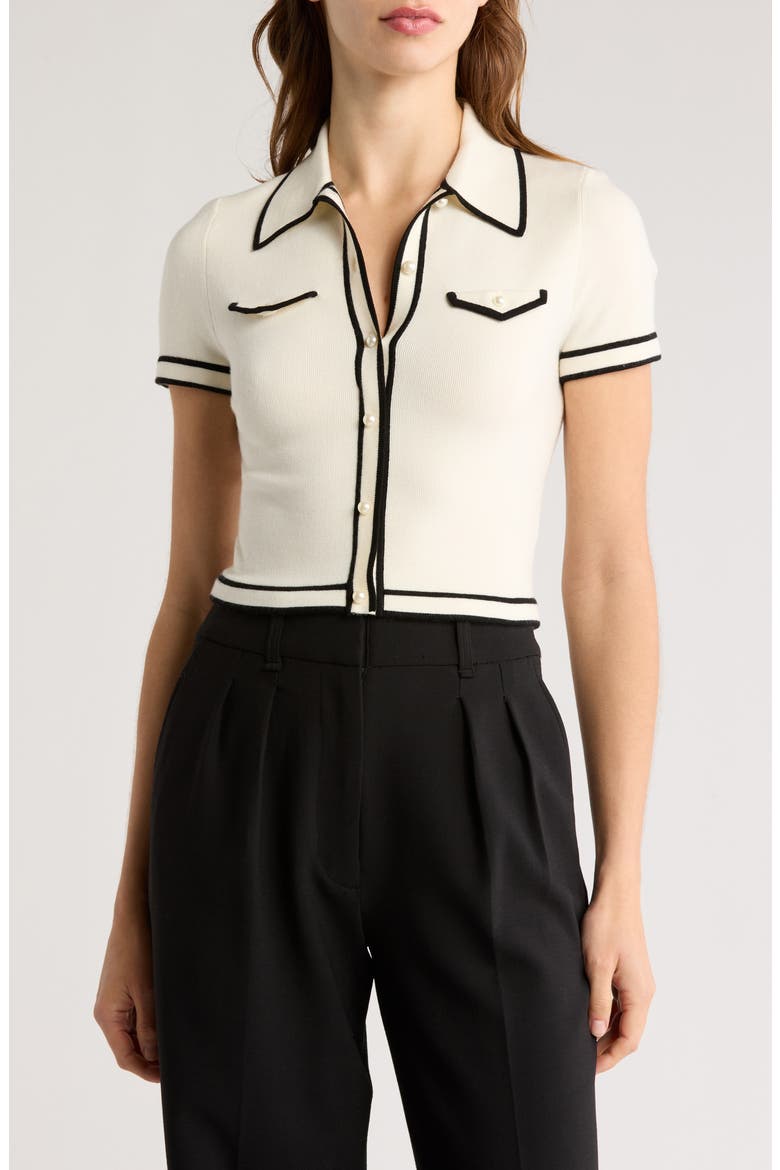 Marlena Crop Wool Blend Button-Up Polo Sweater, Main, color, ECRU/ BLACK