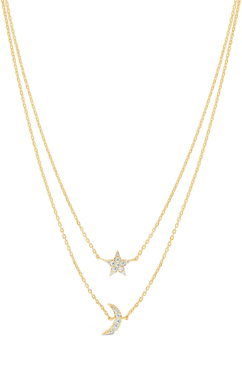 Sterling Forever Cubic Zirconia Crescent & Star Layered Necklace, Main, color, Gold