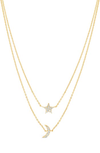 Sterling Forever 14k Plated Cz Layered Crescent & Star Necklace In Gold