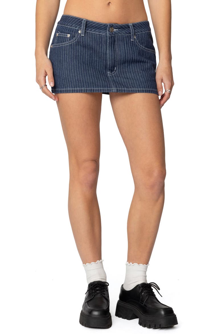 Neria Pinstripe Low Rise Denim Miniskort, Main, color, NAVY