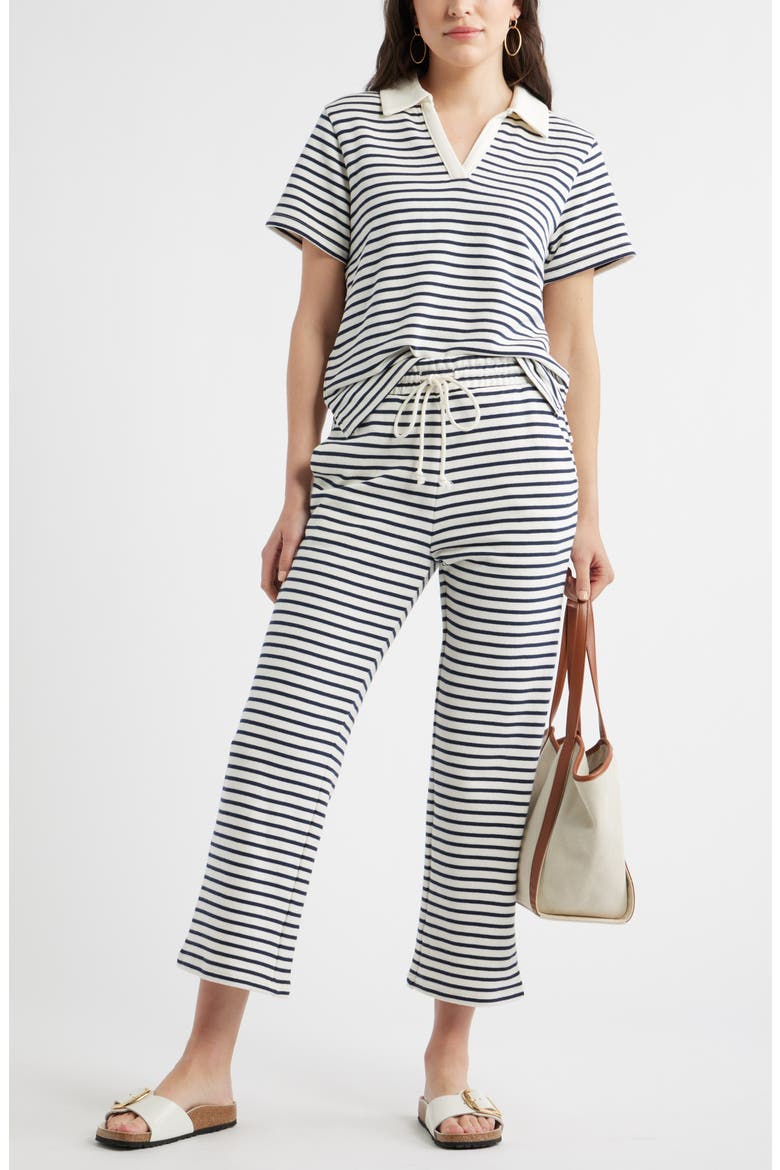 Cotton Blend French Terry Drawstring Pants, Alternate, color, IVORY- NAVY STRIPE
