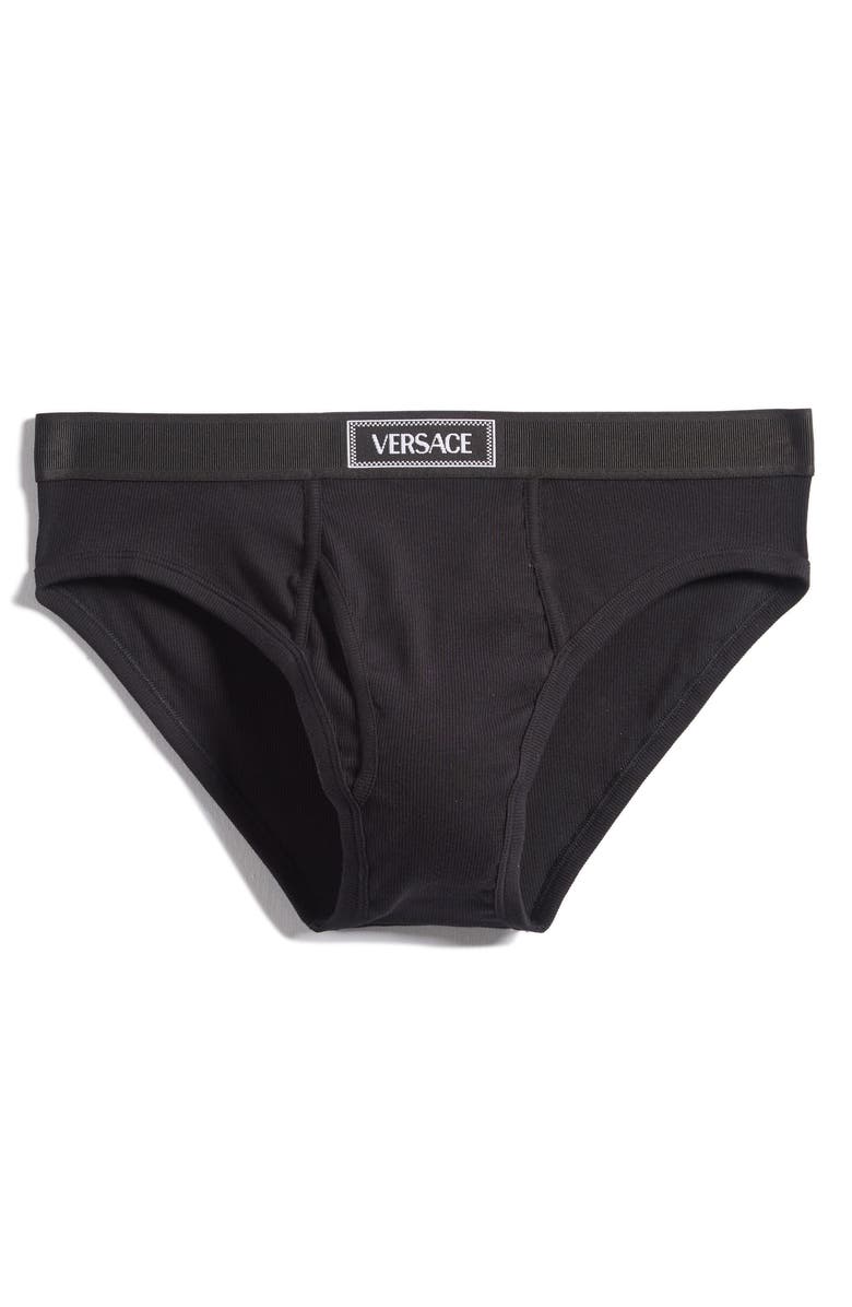 Versace '90s Logo Stretch Cotton Rib Briefs, Alternate, color, Black