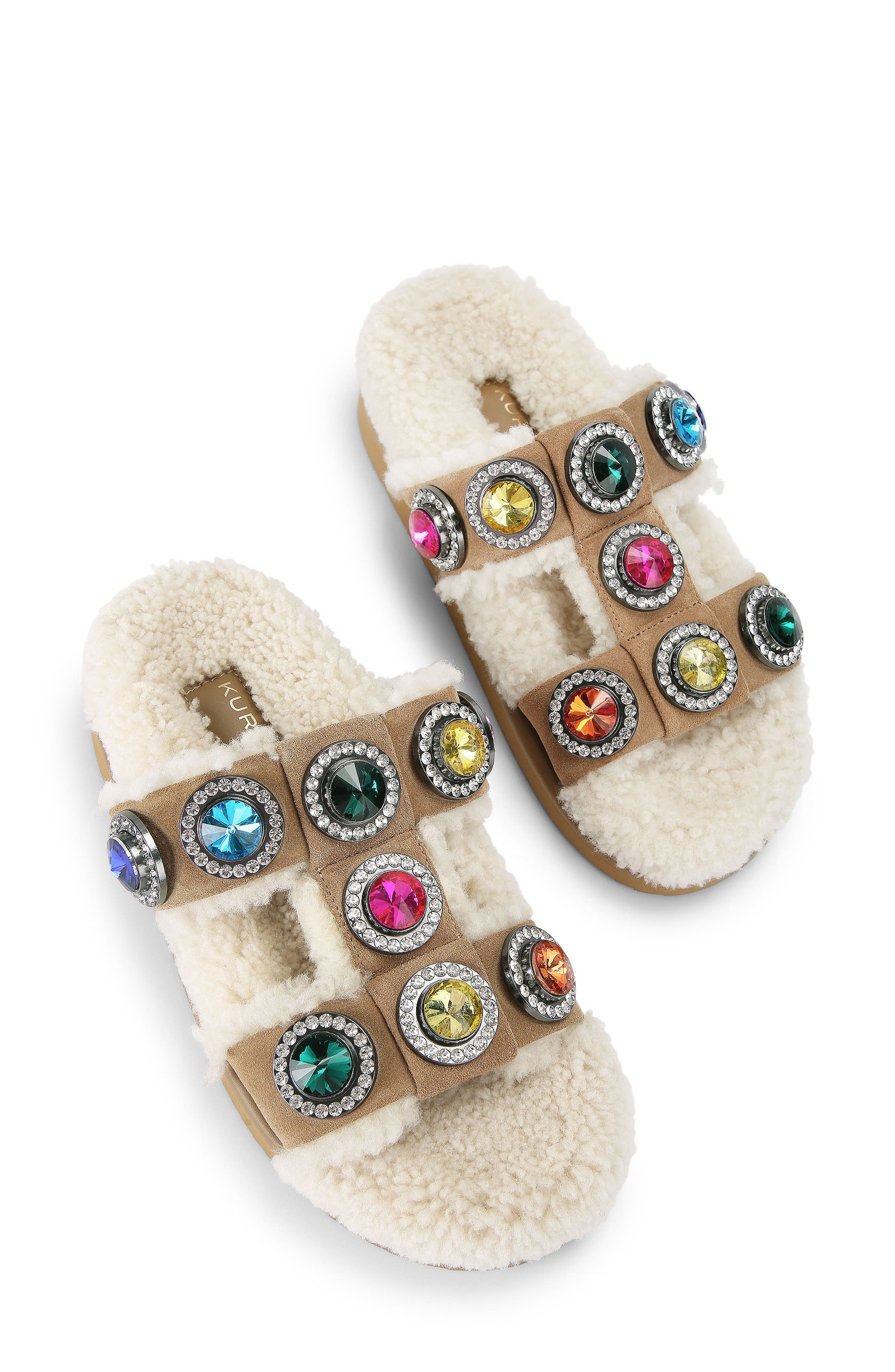 Kurt Geiger London Orson Crystal Teddy Genuine Shearling Lined Sandal, Alternate, color, Dark Beige