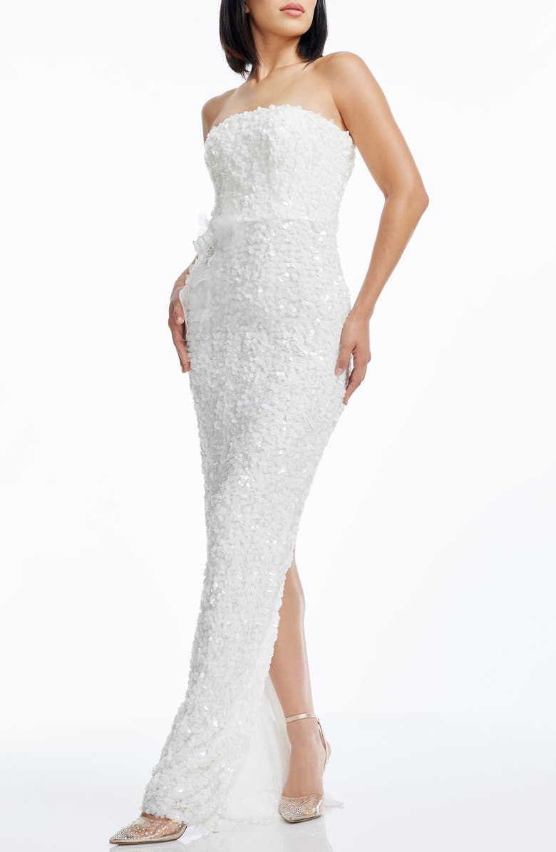 Dress the Population Izza Floral Appliqué Sequin Strapless Gown, Alternate, color, White