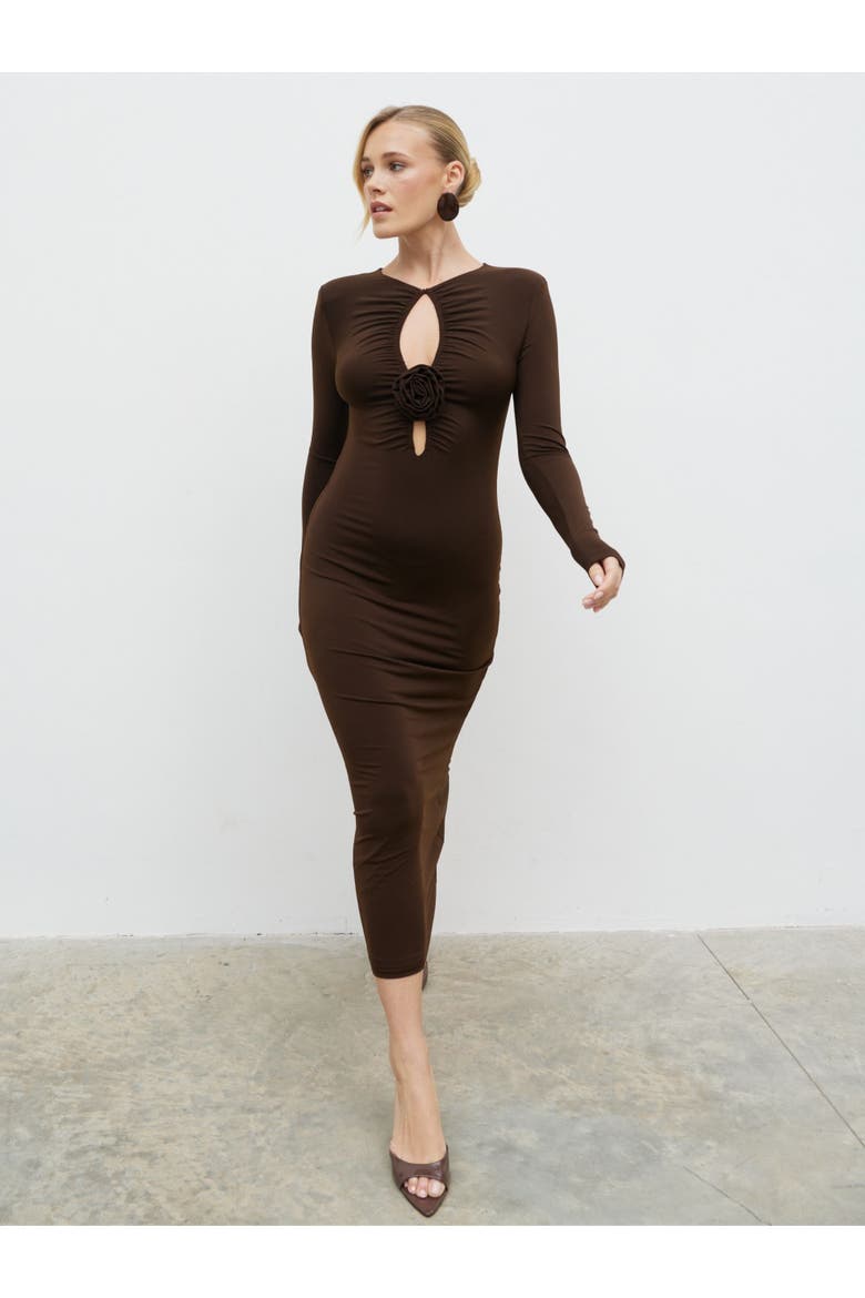 Ragan Corsage Jersey Midi Dress, Alternate, color, Brown