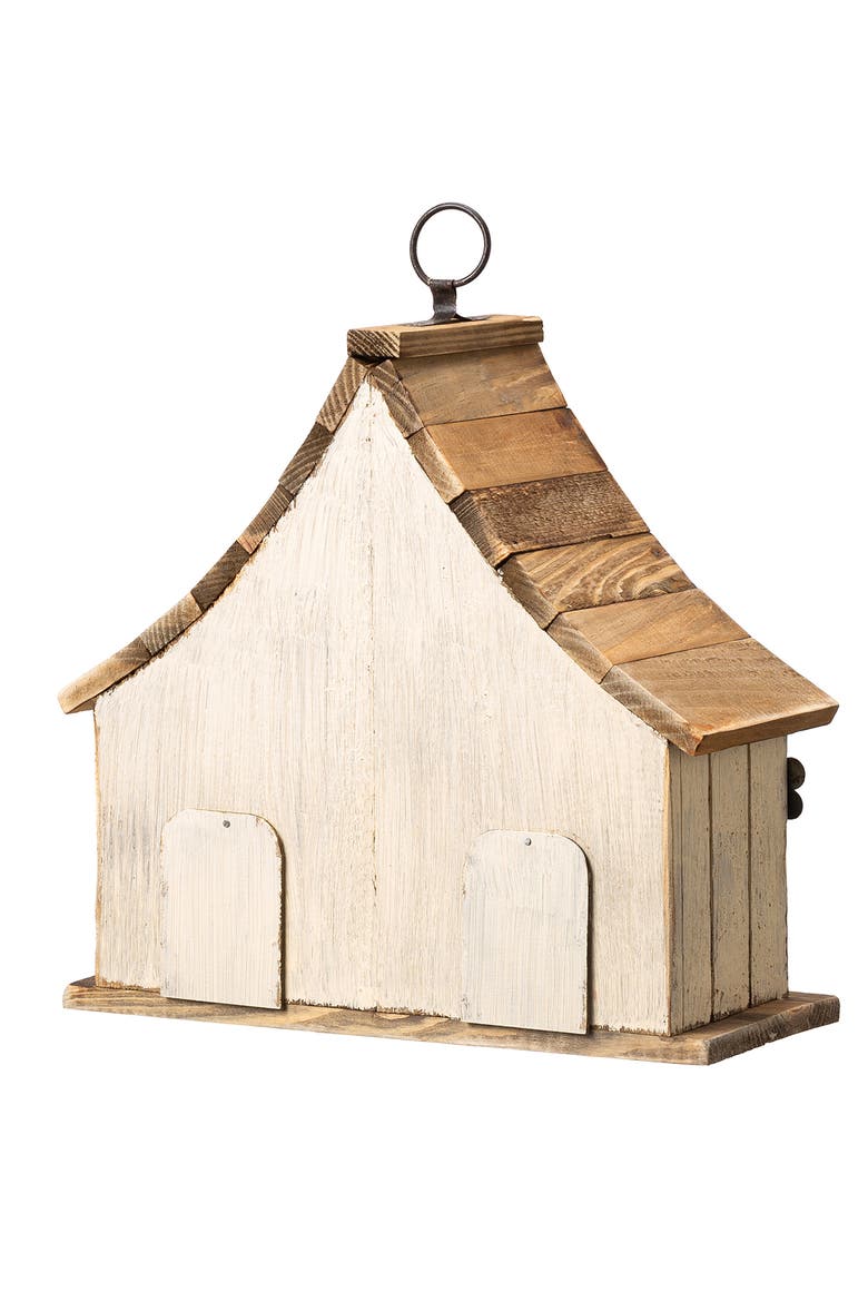 Distressed Solid Wood Birdhouse with 3D Flowers, Alternate, color, White