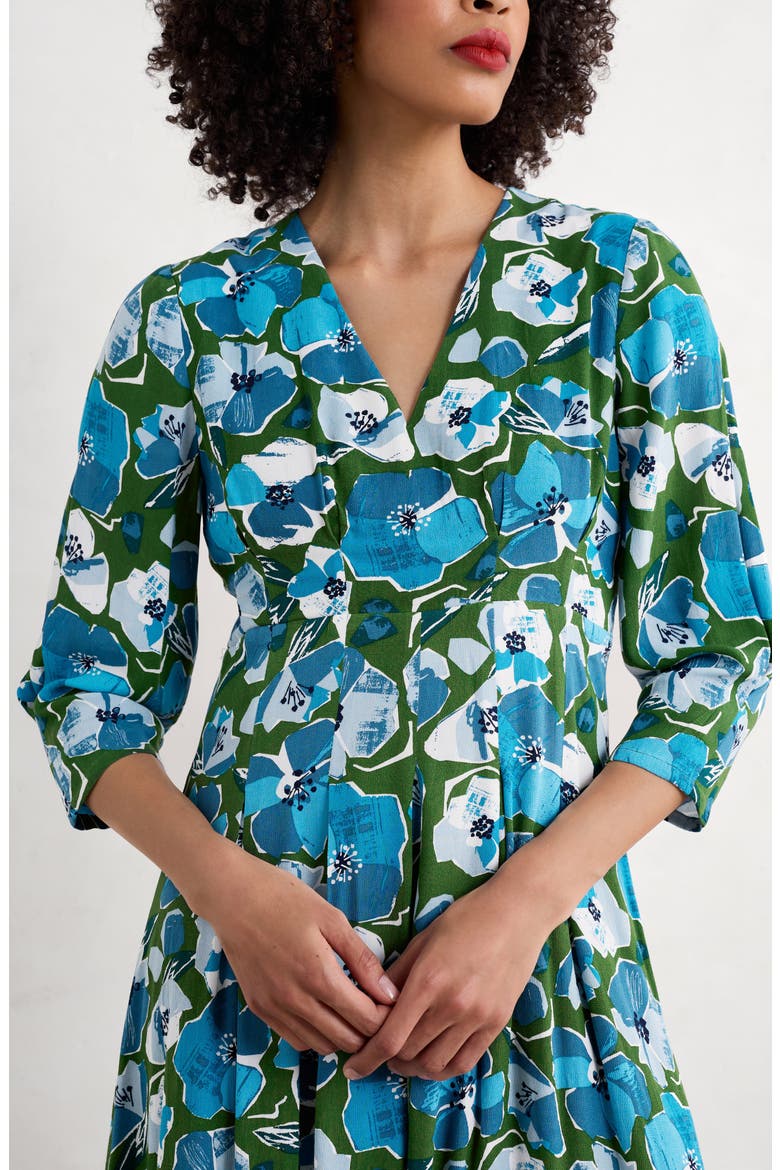 Etta Floral Pleated Midi Dress, Alternate, color, PAPER HELLEBORES FOREST GREEN