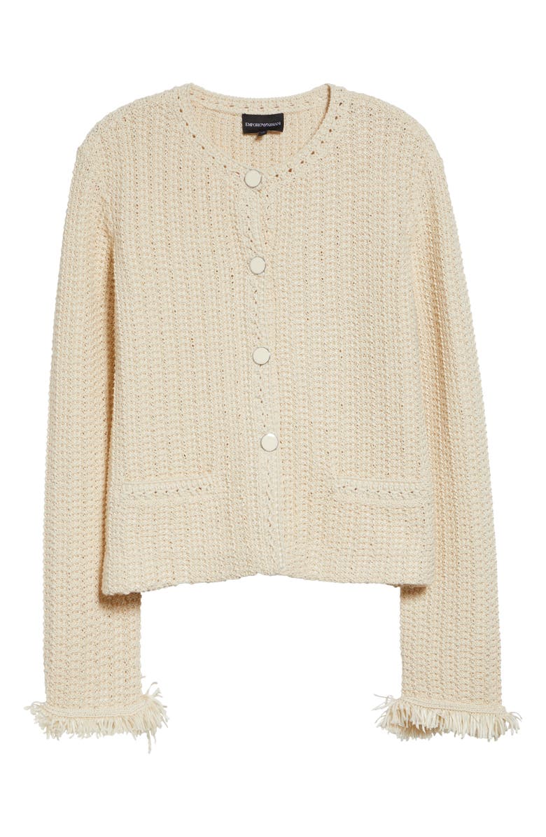Emporio Armani Fringe Cotton Blend Cardigan, Alternate, color, Ivory