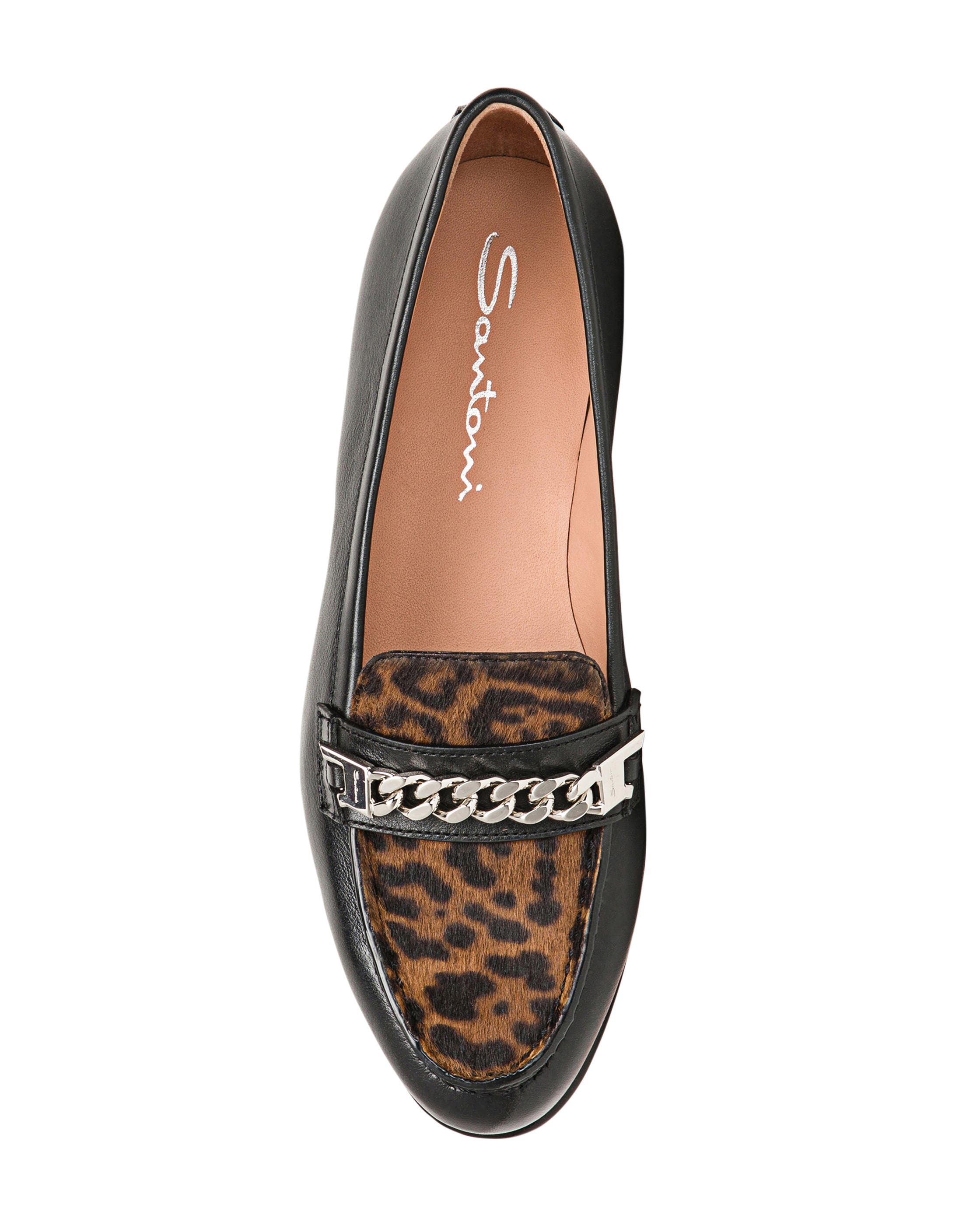 Santoni Women's Leather and Calf Hair Andrea Loafer, Alternate, color, Black