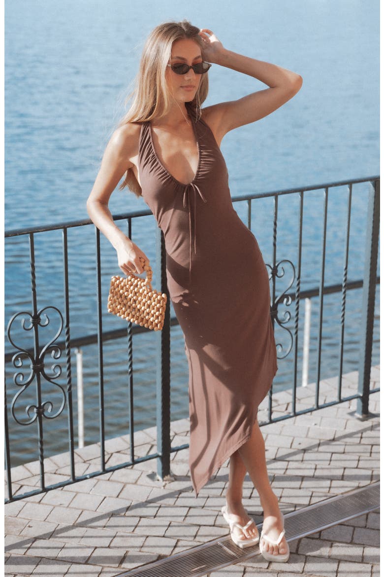 Jordie Halter Asymmetric Maxi Dress, Alternate, color, DARK BROWN
