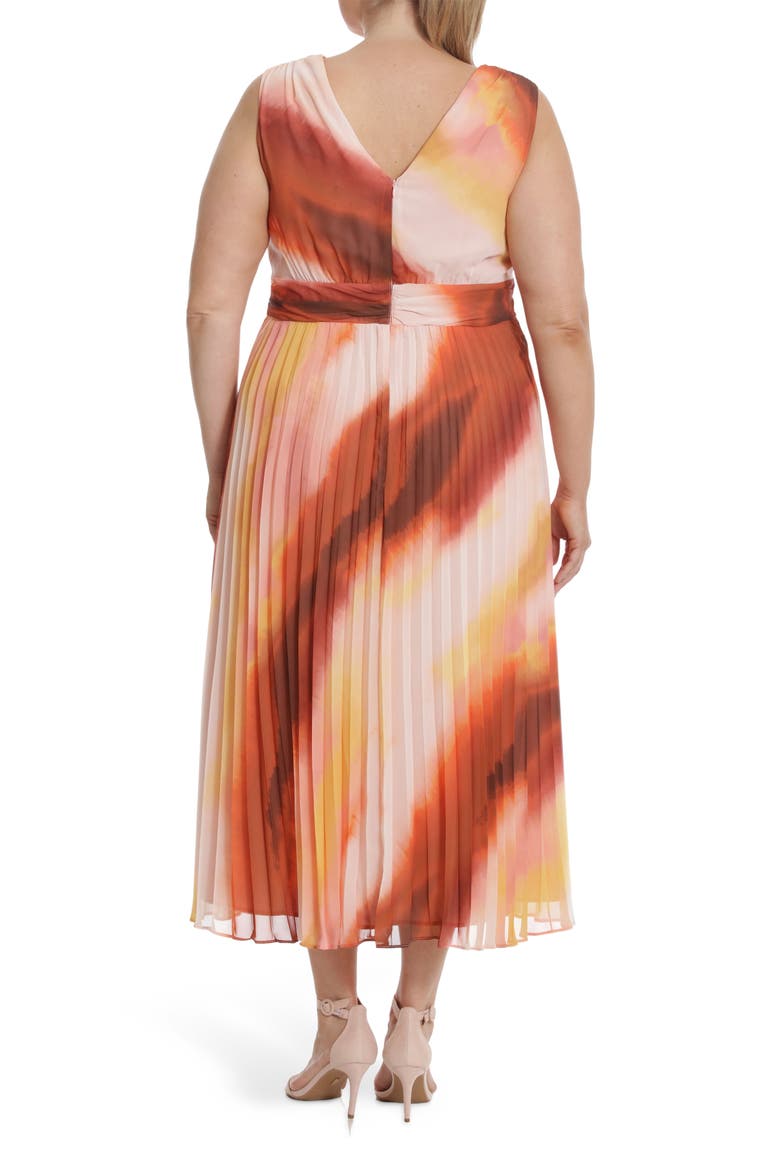 V-Neck Pleated Midi Dress, Alternate, color, SOFT CREME/RUST MULTI