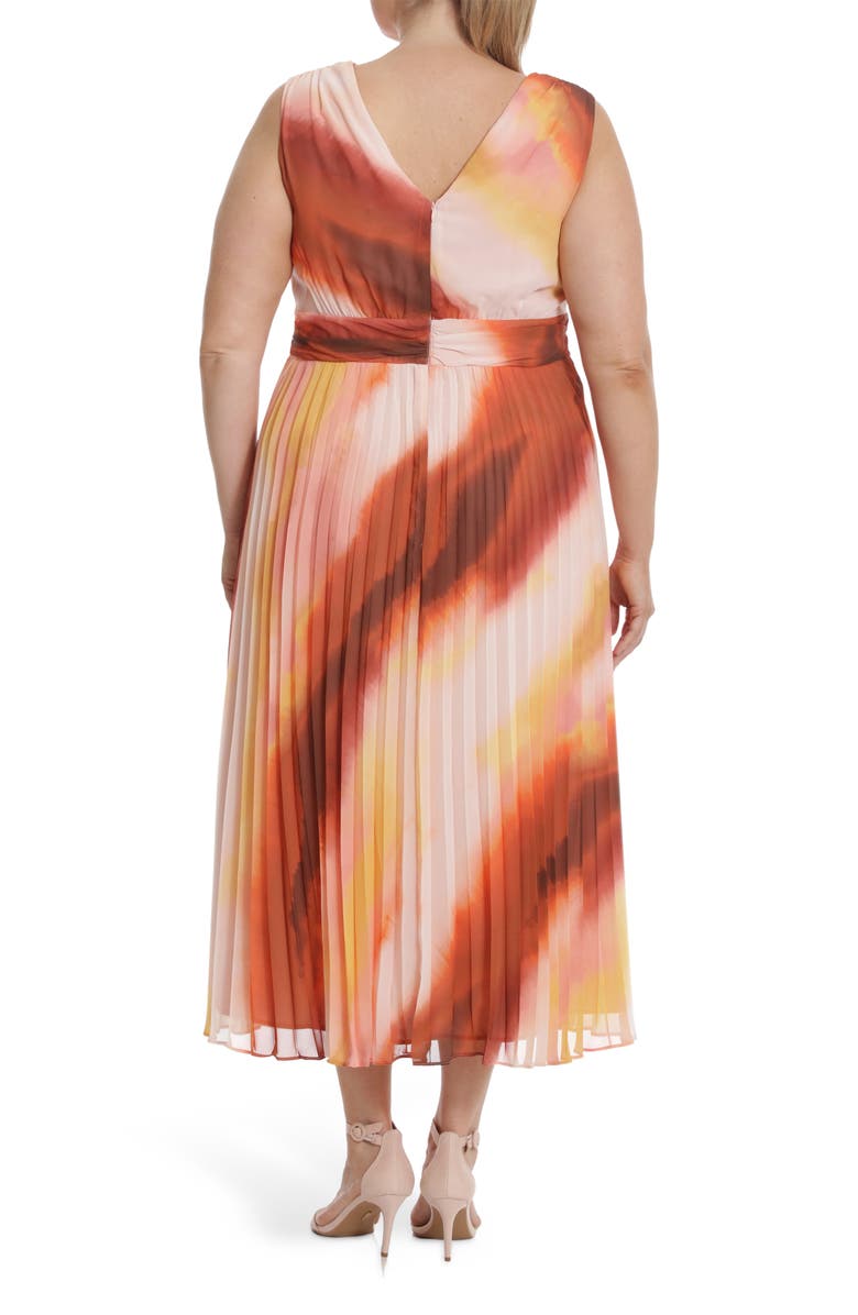 Donna Morgan V-Neck Pleated Midi Dress, Alternate, color, Soft Creme/Rust Multi