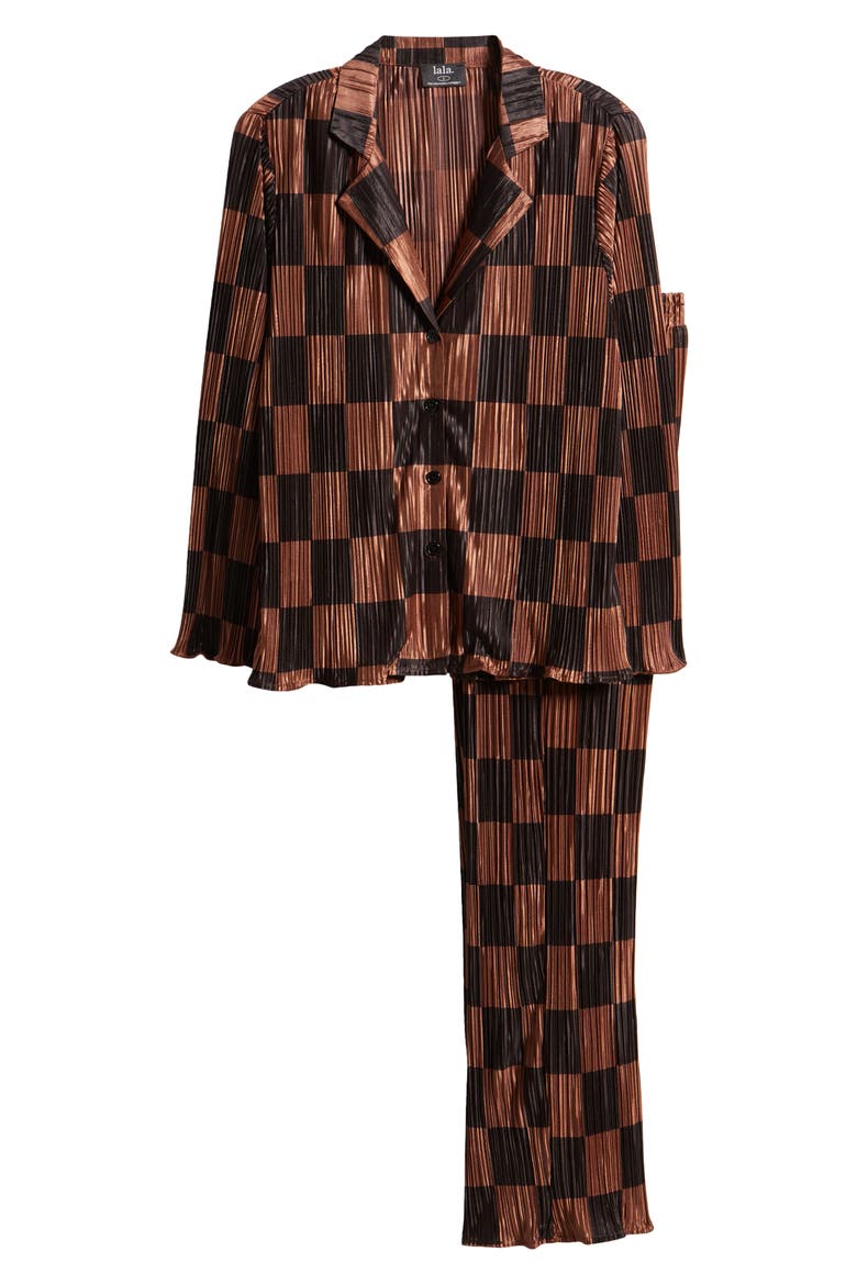 Check Long Sleeve Plissé Top & High Waist Pants, Alternate, color, MOCHA AND BLACK CHECK