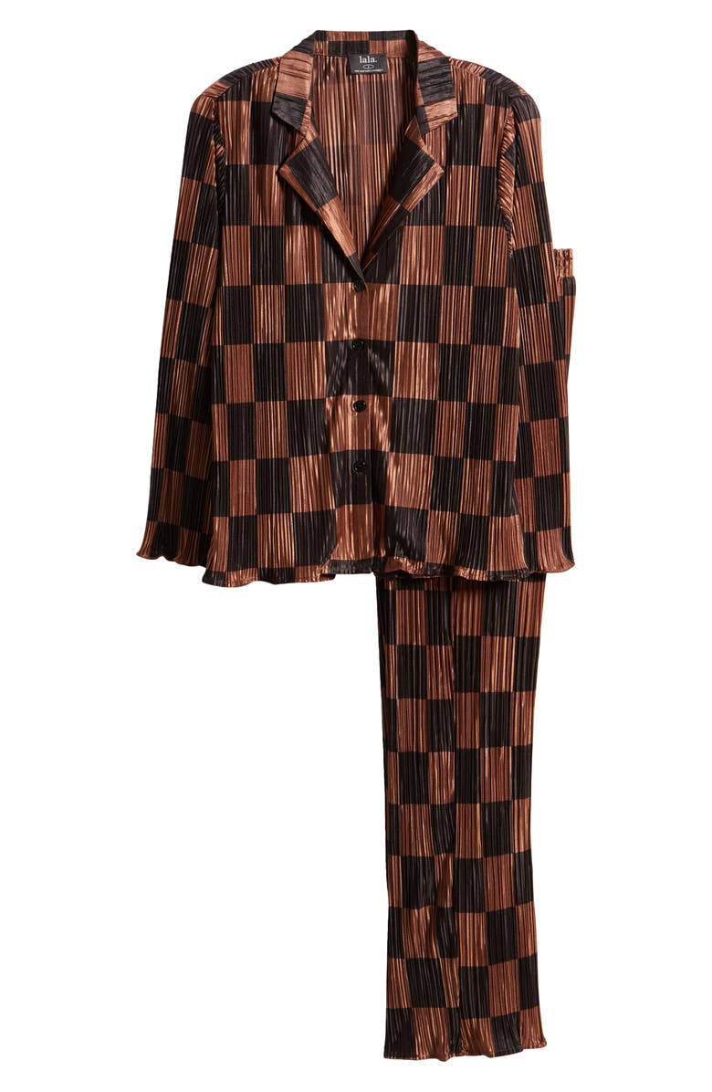 Dressed in Lala Check Long Sleeve Plissé Top & High Waist Pants, Alternate, color, 