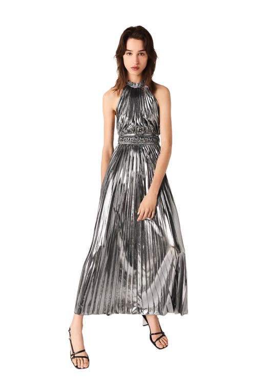 Maje Pleated Maxi Dress In Silver