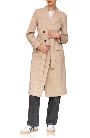 Avec Les Filles Rhinestone Trench Coat In Khaki Studded