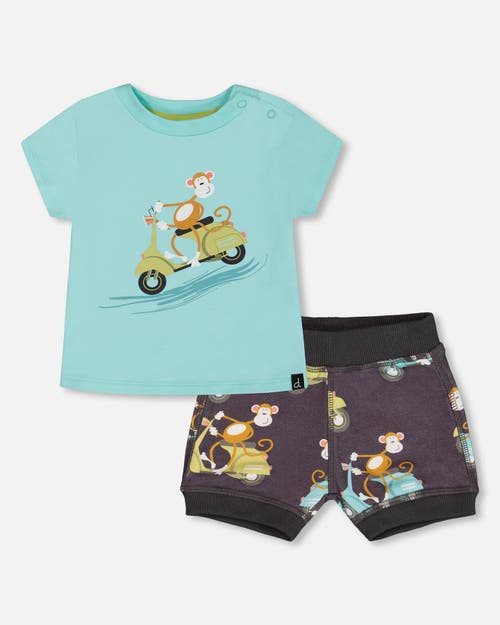Deux Par Deux Baby Boy's Two-piece Top And Short Set Monkey On Navy And Turquoise Moped In Monkey On Navy And Turquoise