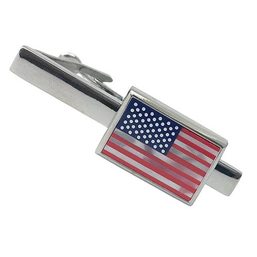 Link Up American Flag Mother Of Pearl Rhodium Plated Short Tie Bar In Metallic
