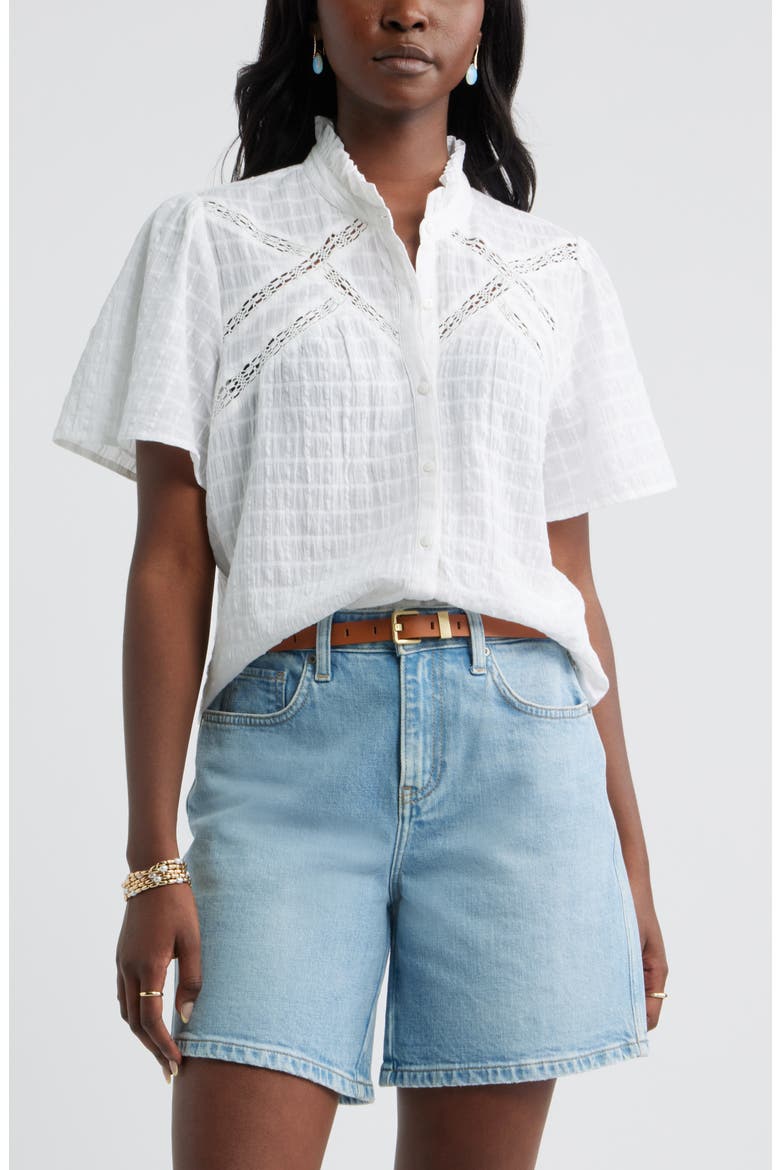 Lace Trim Button Front Top, Main, color, WHITE