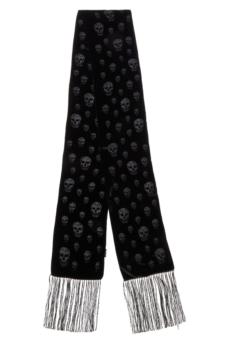 Classic Skull Velvet Fringe Scarf, Main, color, BLACK