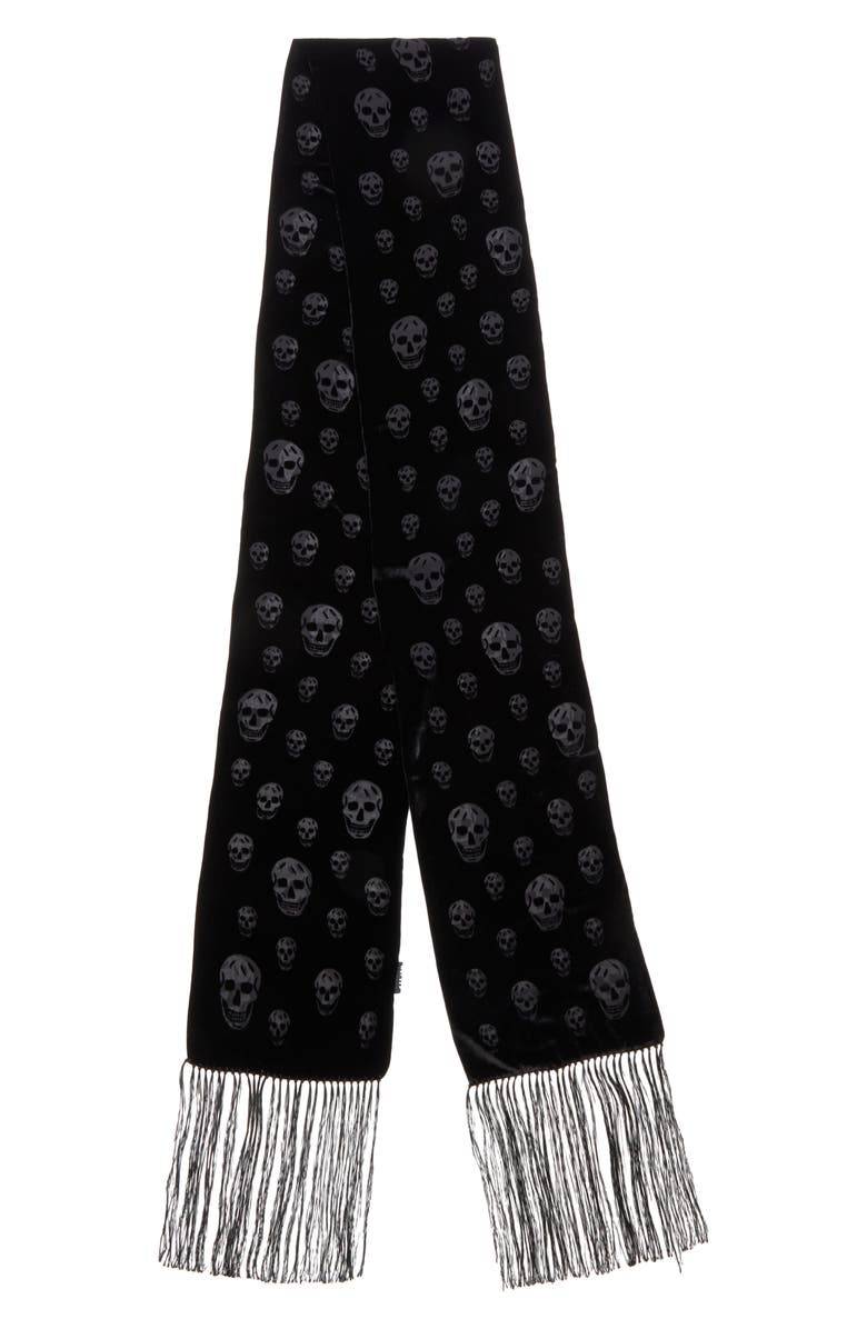 McQueen Classic Skull Velvet Fringe Scarf, Main, color, Black