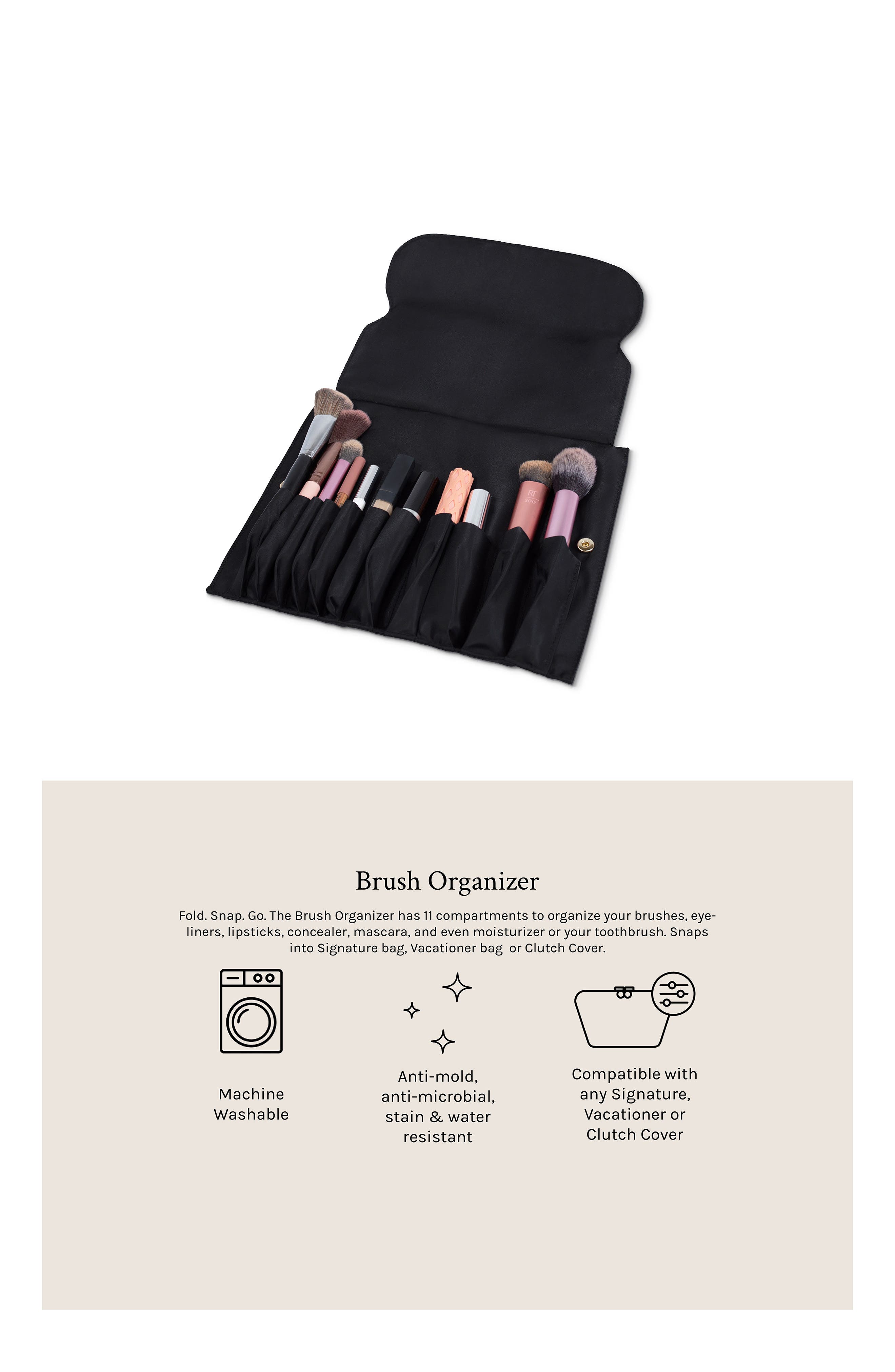 Makeup Brush Organizer Clutch, Alternate, color, BLACK LEATHER