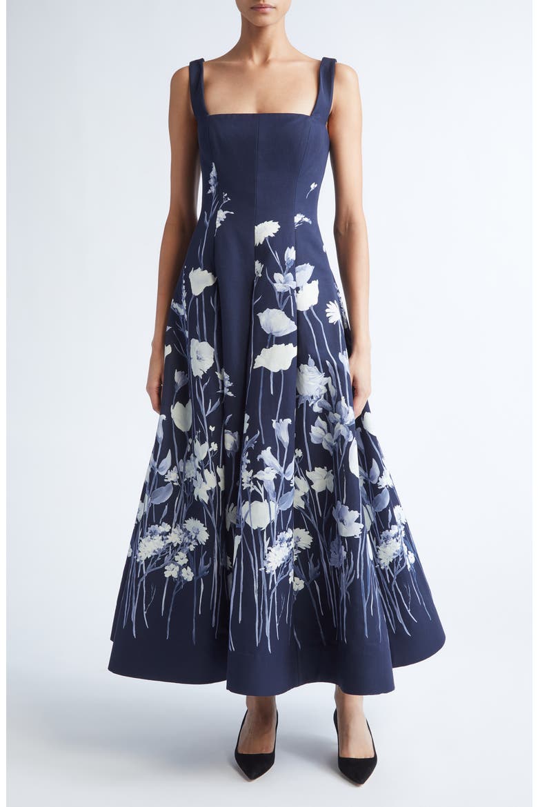 Floral Faille Fit & Flare Dress, Main, color, NAVY MULTI
