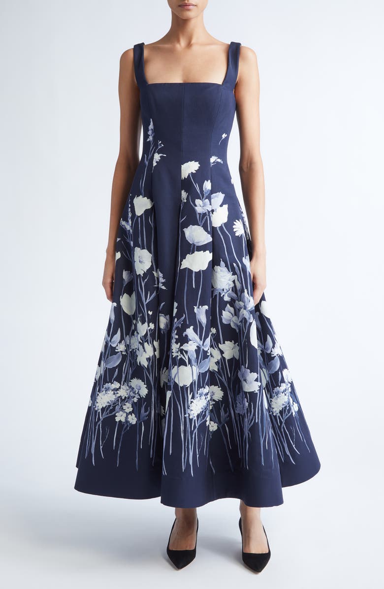Lela Rose Floral Faille Fit & Flare Dress, Main, color, Navy Multi