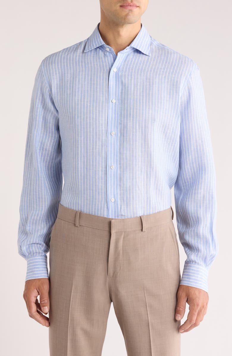 Ralph Lauren Purple Label Tattersall Stripe Linen Button-Up Shirt, Main, color, Blue Multi/ White