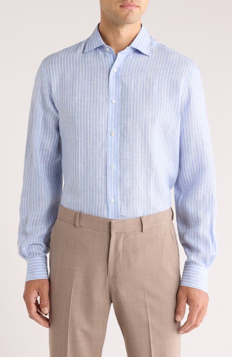 Tattersall Stripe Linen Button-Up Shirt