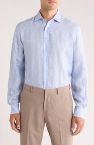 Ralph Lauren Purple Label Tattersall Stripe Linen Button-Up Shirt