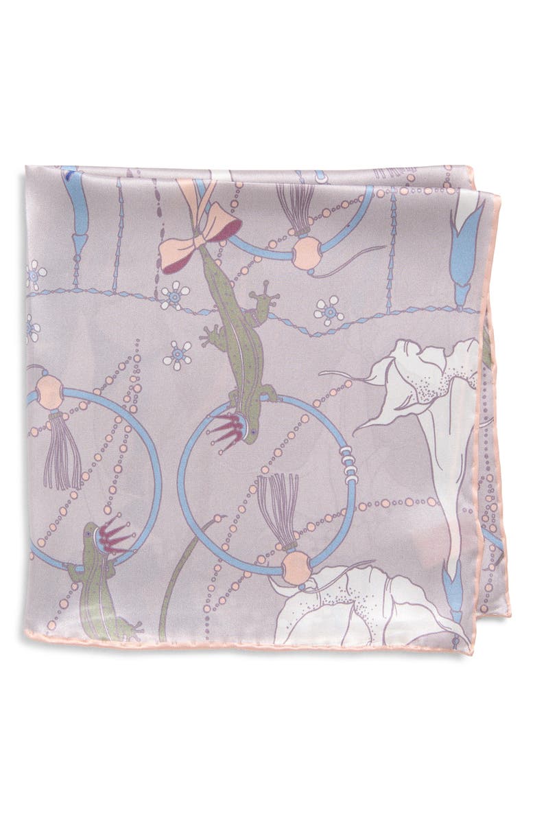 Lost Pattern Datura Silk Pocket Square, Main, color, Silver