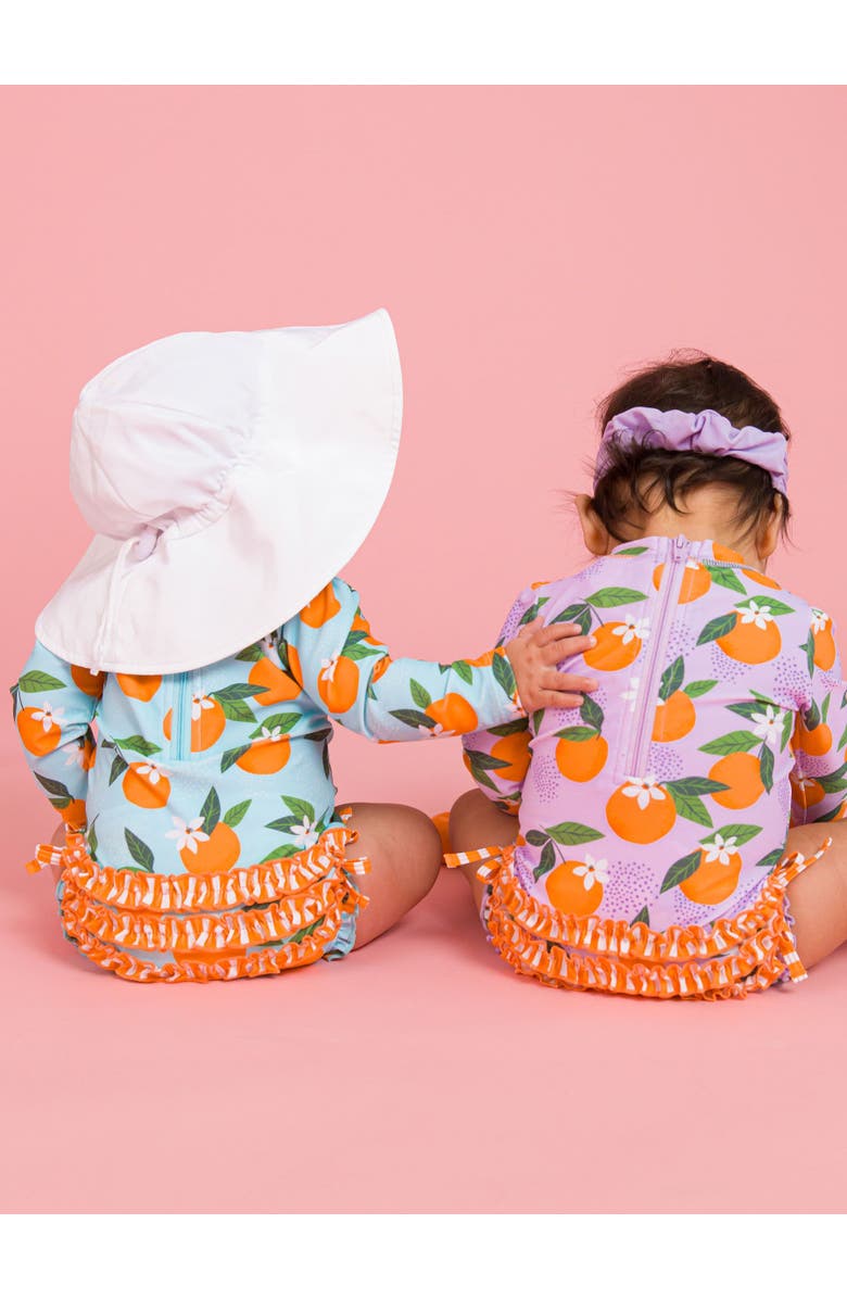 RuffleButts Baby Girls Orange You The Sweetest Long Sleeve UPF50+ One Piece Rash Guard, Alternate, color, Blue Orange You The Sweetest