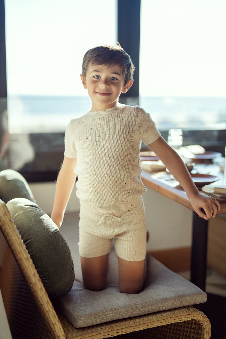 Speckled Waffle Knit 2 Piece Short Sleeve Top and Shorts Set, Alternate, color, Beige